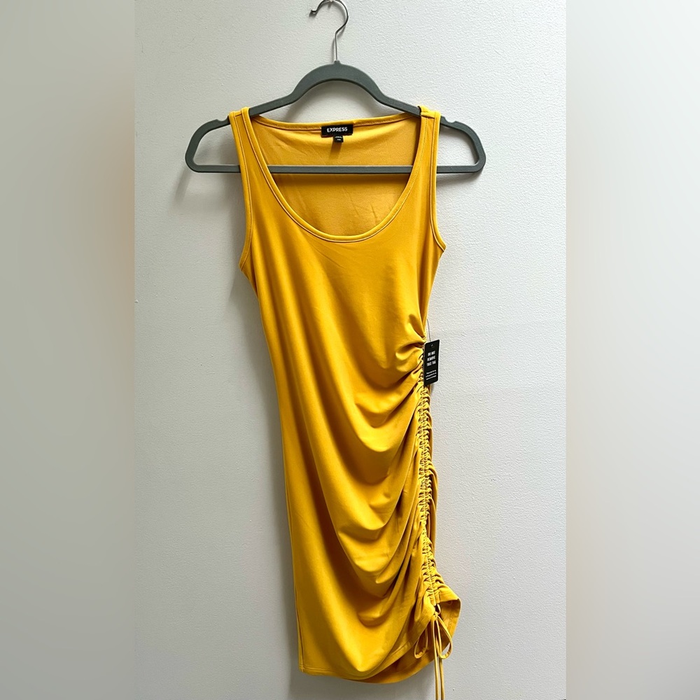 Express Yellow Ruched Tie Bodycon Dress - Picture 3 of 5